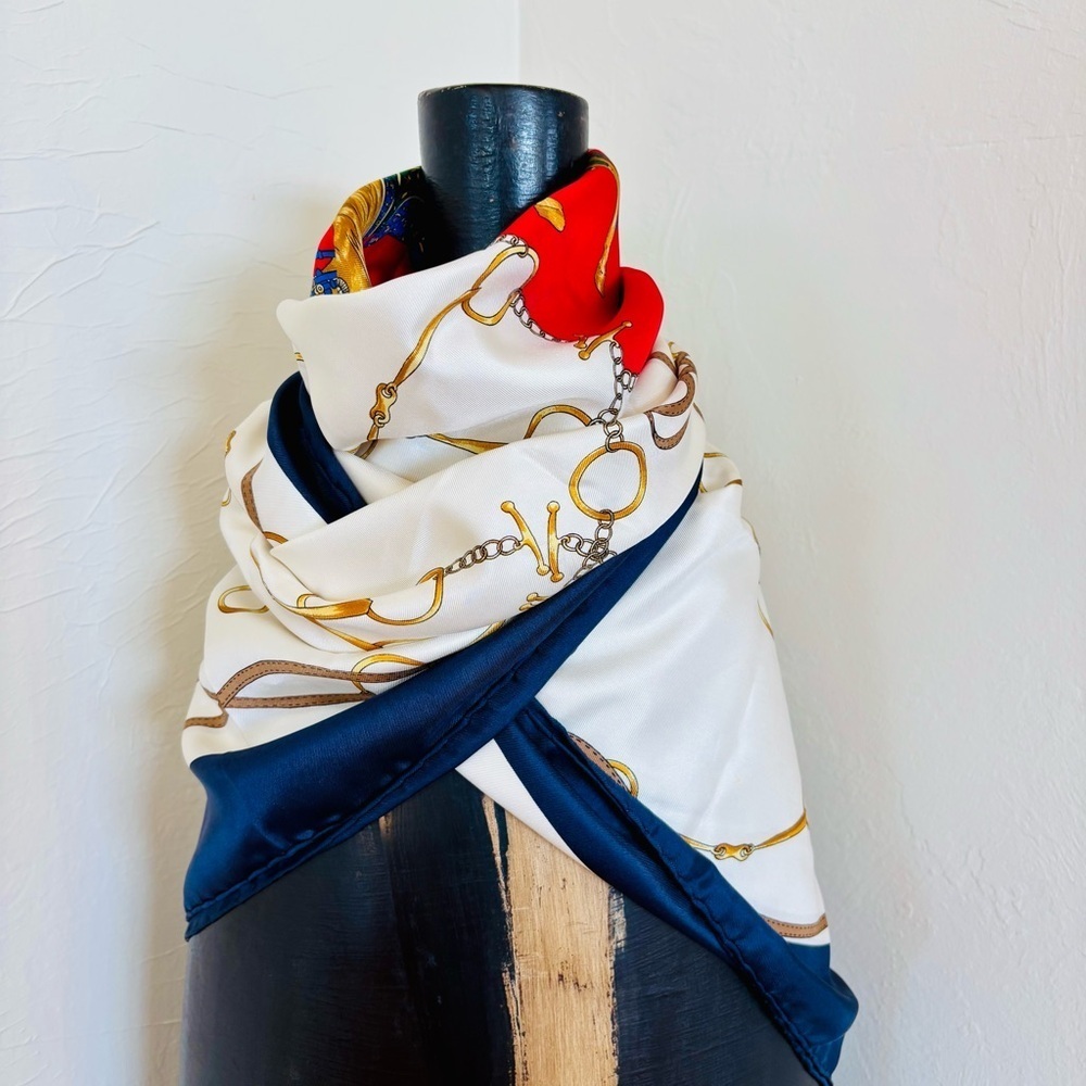 CELINE PARIS Navy and Gold Silk Equestrian Scarf - Picture 7 of 16